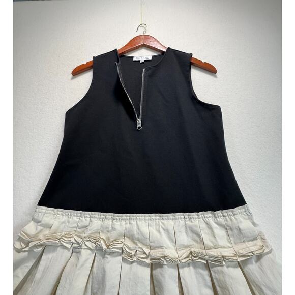 Plan C x RTR Knit Poplin Two Tone Pleated Midi Dress Sleeveless Black Beige Sz 8 - Picture 6 of 12